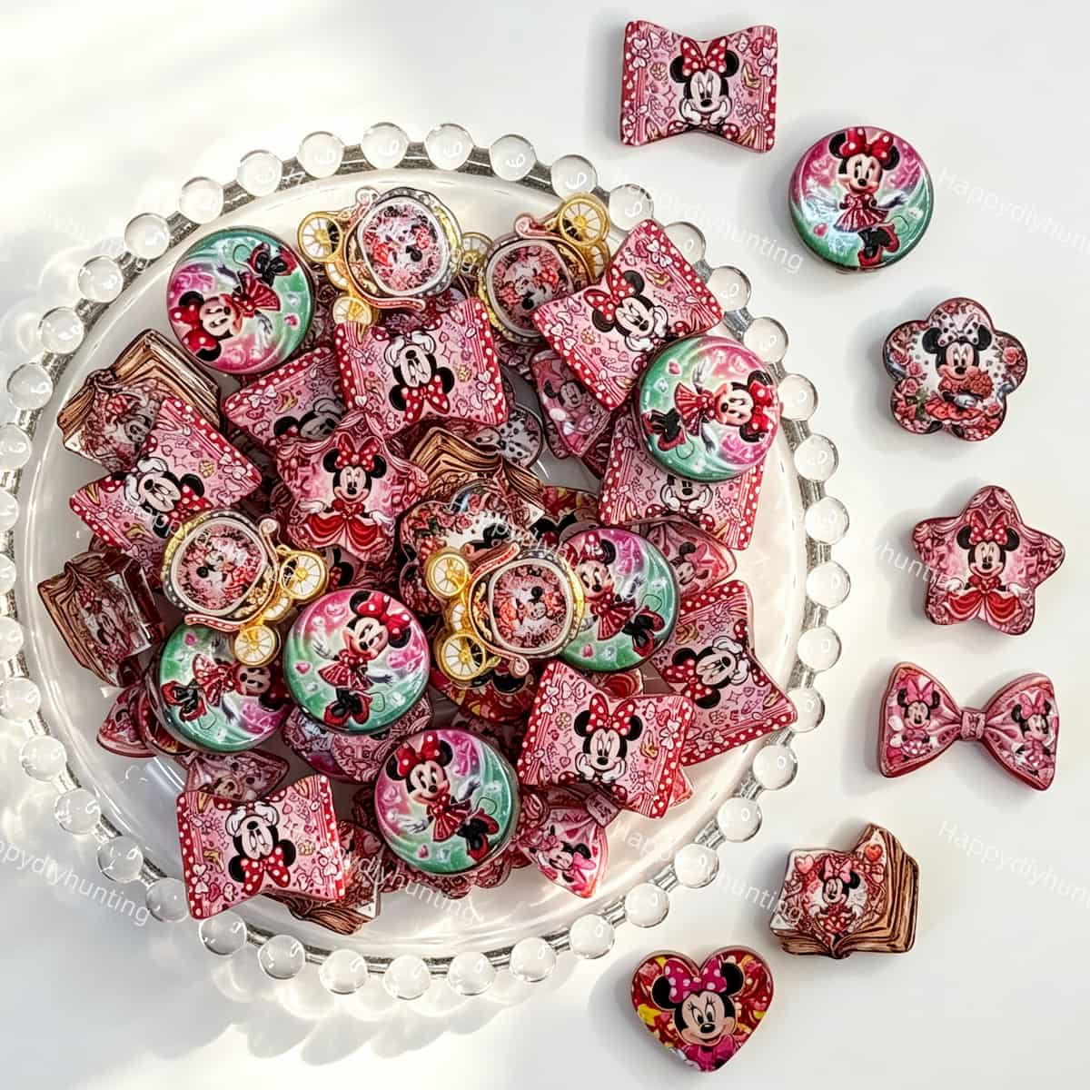 close-up cartoon mouse with pink bow mixed shape acrylic focal bead for DIY beadable pens