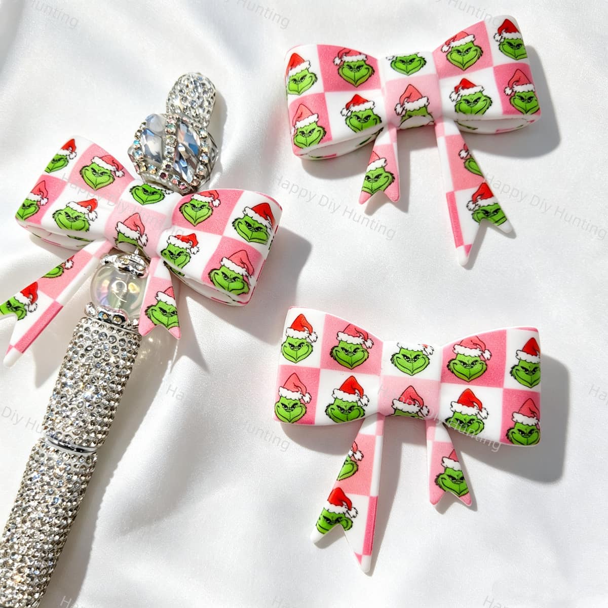 Christmas Checkered Holiday Figure Print Silicone Focal Bow Beads pink color option for beadable pen DIY craft projects