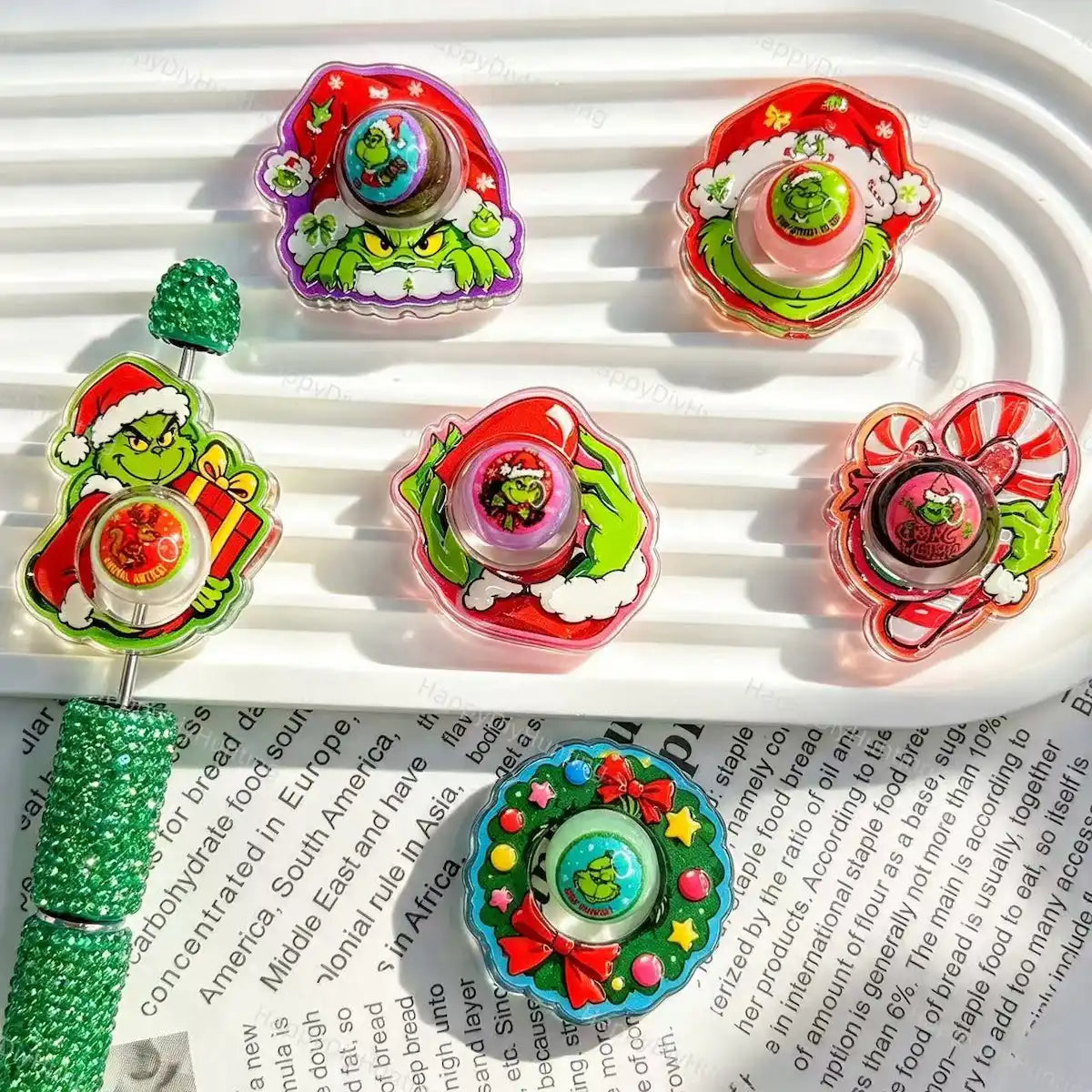 Festive Christmas green monster rotating acrylic focal beads for DIY beadable pens holiday crafts