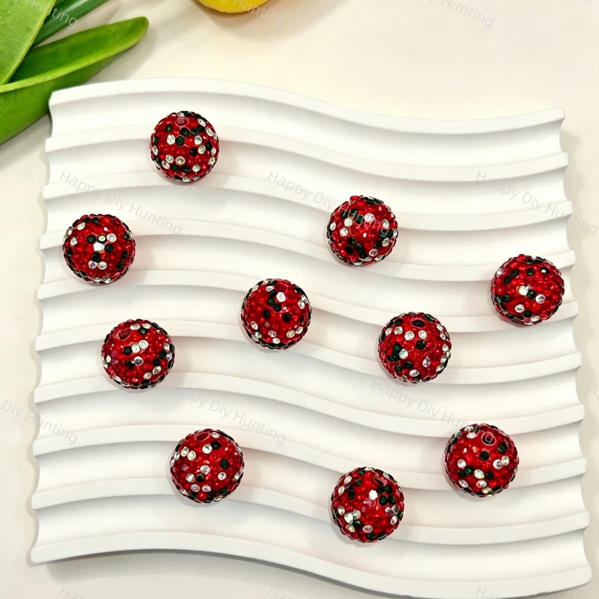 Red christmas rhinestone focal beads with silver black crystals, round beads for handmade jewelry