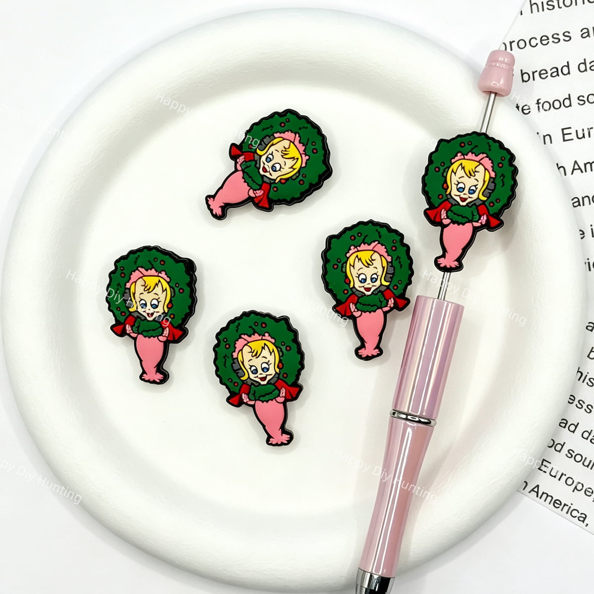 christmas wreath girl silicone focal beads for DIY pens and holiday handmade crafts