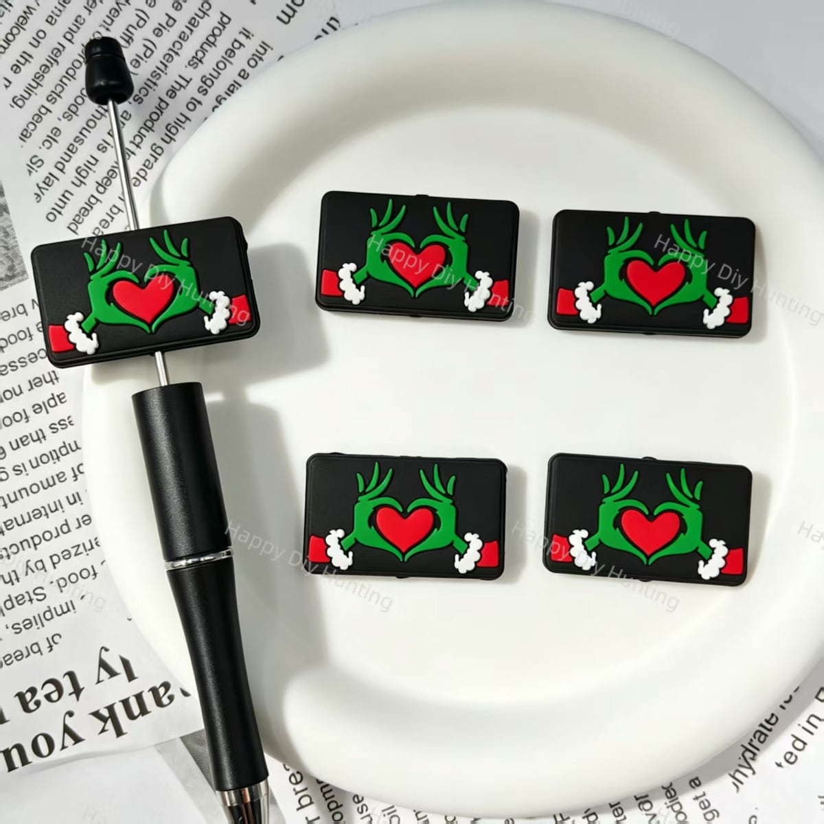 Christmas green hand heart printed rectangle silicone focal beads, large‑hole holiday craft beads for beadable pen and keychain DIY supplies