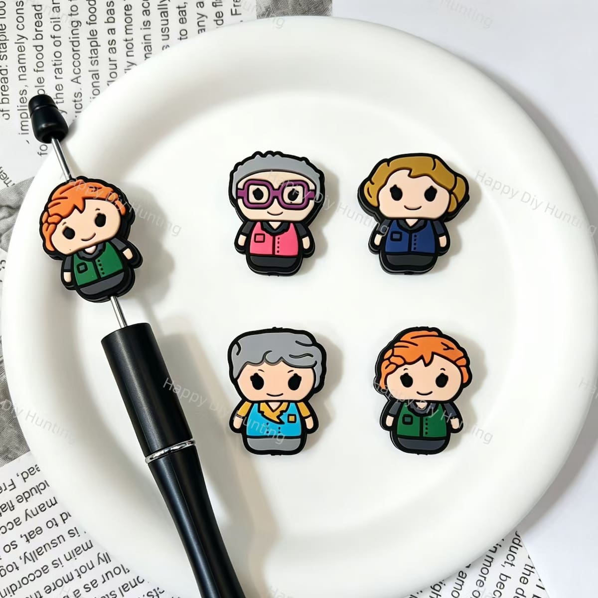 Cute cartoon people character printed silicone focal beads, set of 4 large‑hole craft beads for beadable pen and keychain DIY supplies