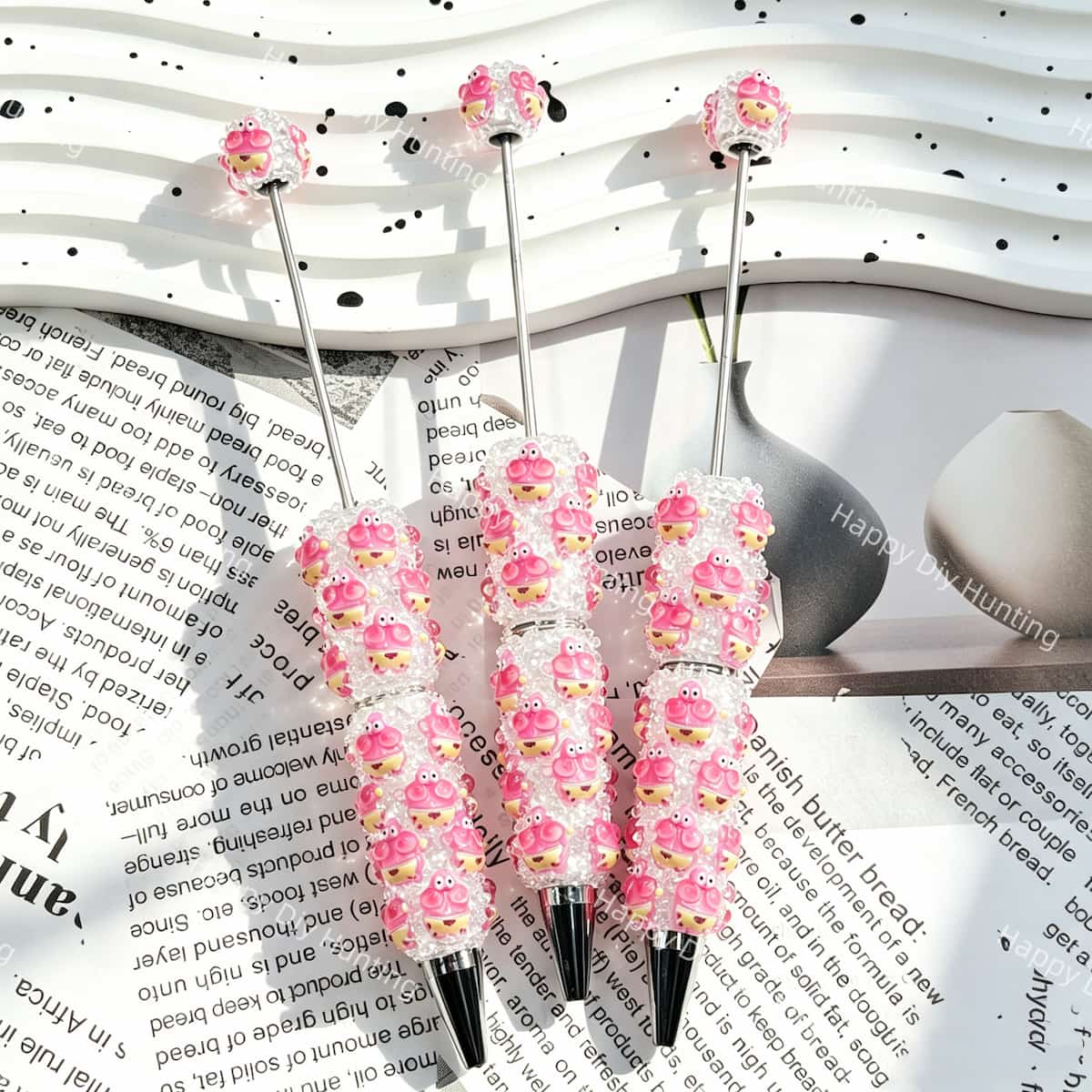 cute pink shimmer starfish figurine cartoon character beadable pens, cartoon themed pen blanks for diy stationery craft and handmade gift making