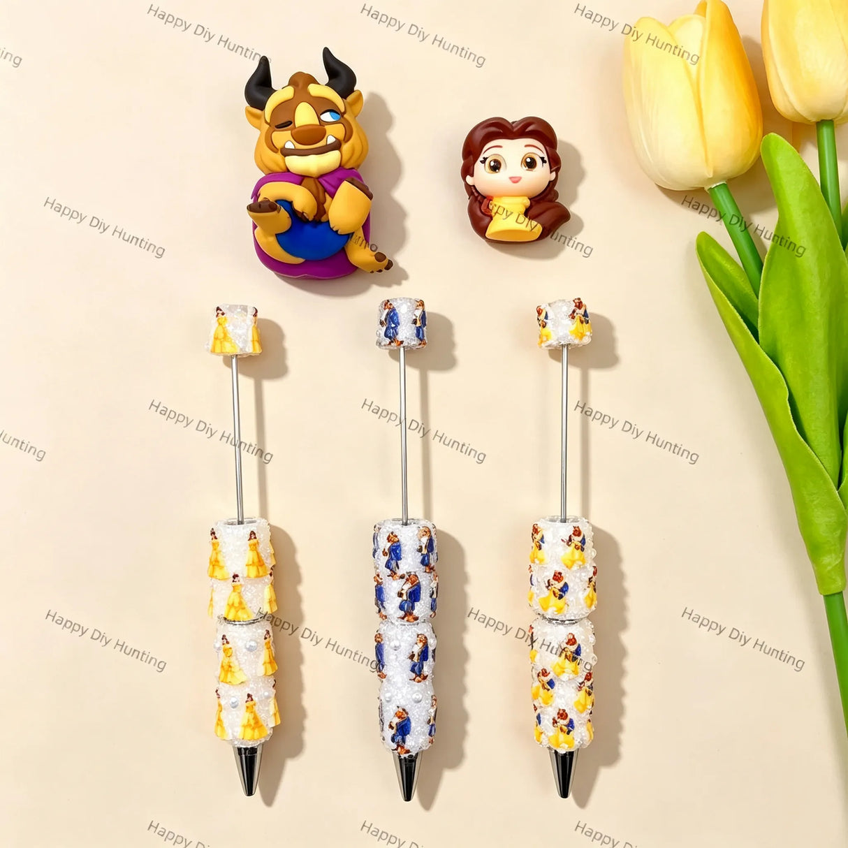 Complete DIY craft set with blank character beadable pen & romantic fairytale couple character pen topper