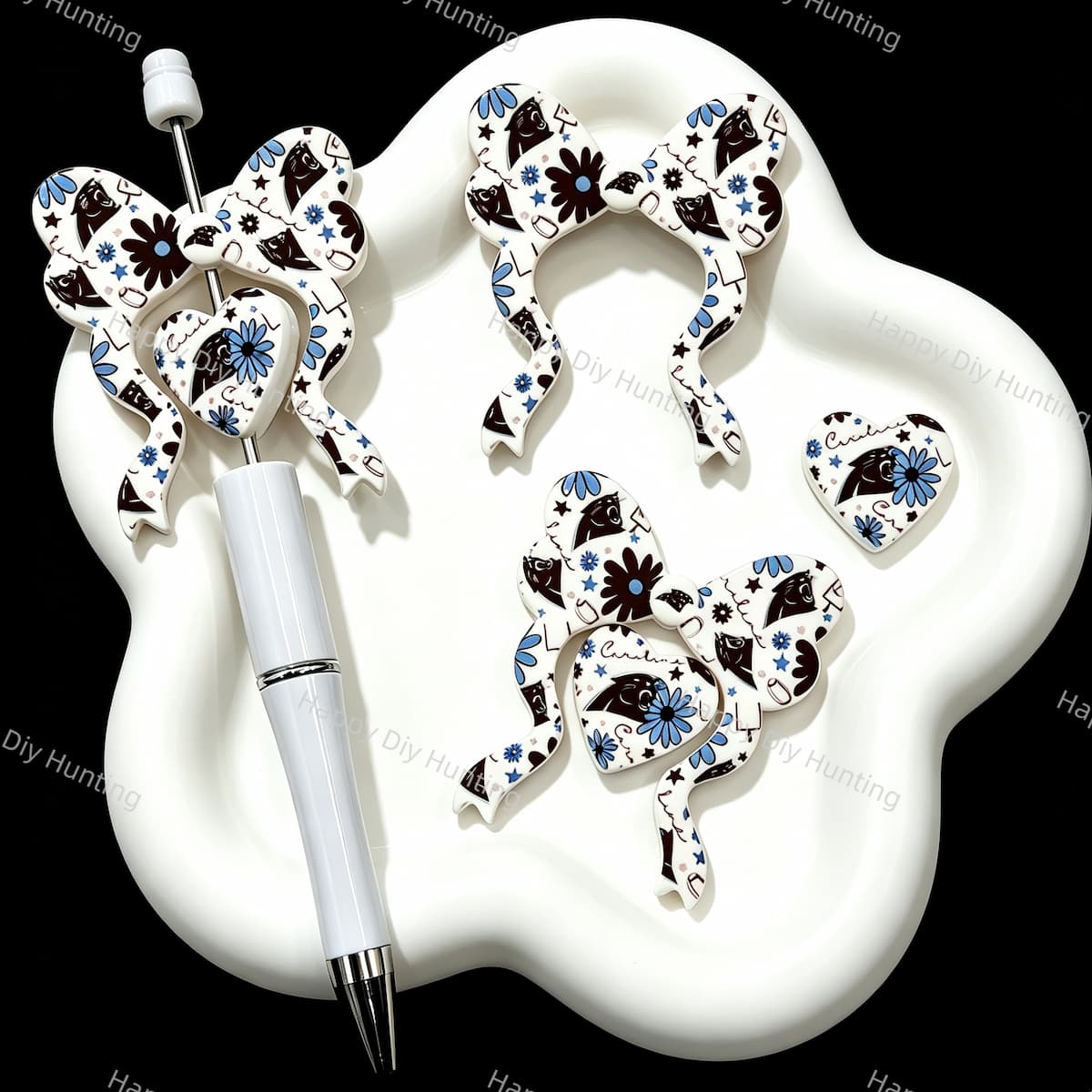 Sport football bow heart silicone focal beads, large hole printed beads for handmade beadable pen keychain