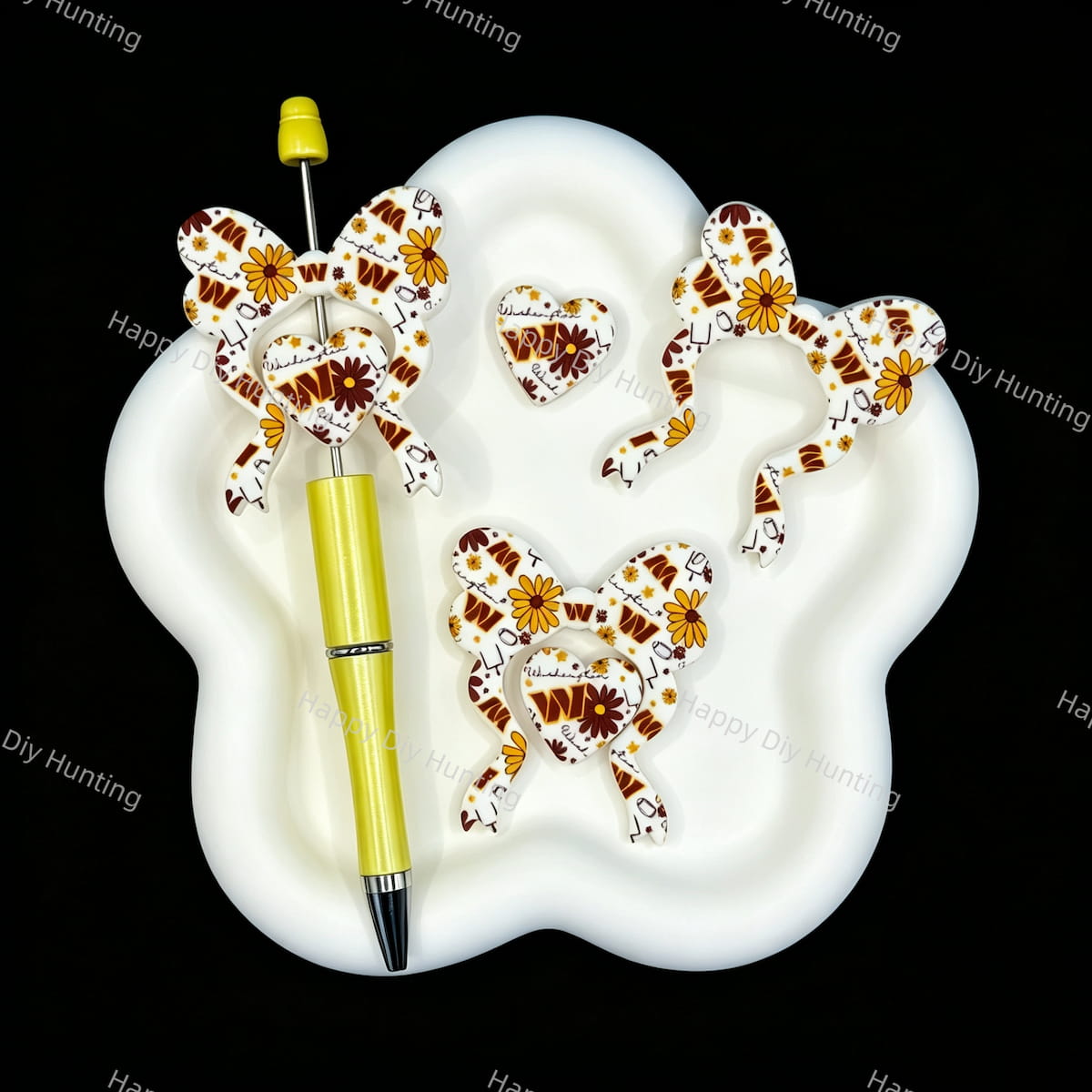 Football sport themed bow heart silicone focal beads, sunflower print beads for DIY craft beadable pen