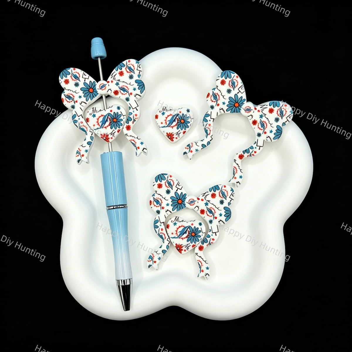 Sports themed bow heart silicone focal beads, floral print large hole beads for beadable pen DIY craft