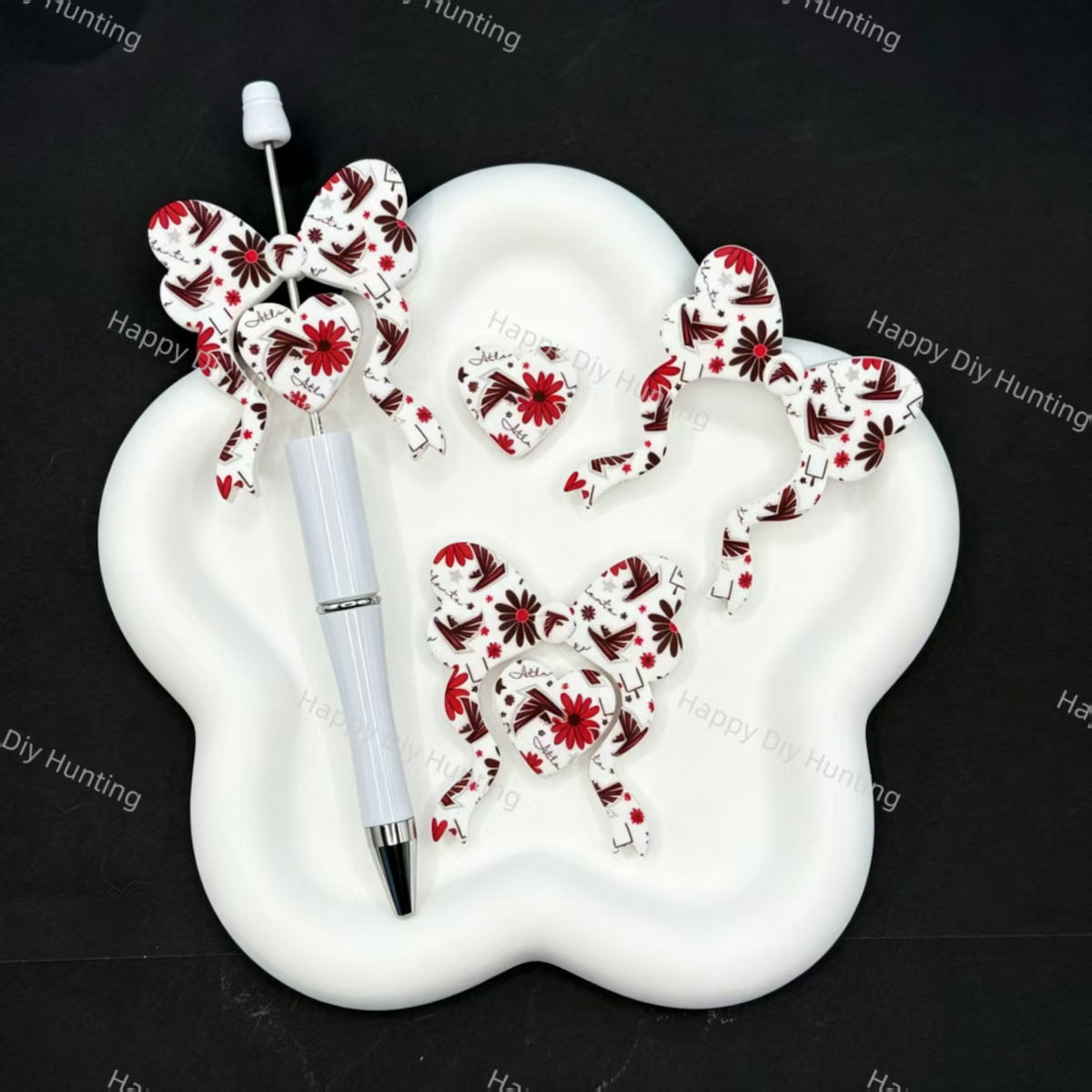 Football themed bow heart silicone focal beads, red white geometric floral print for handmade beadable pen craft