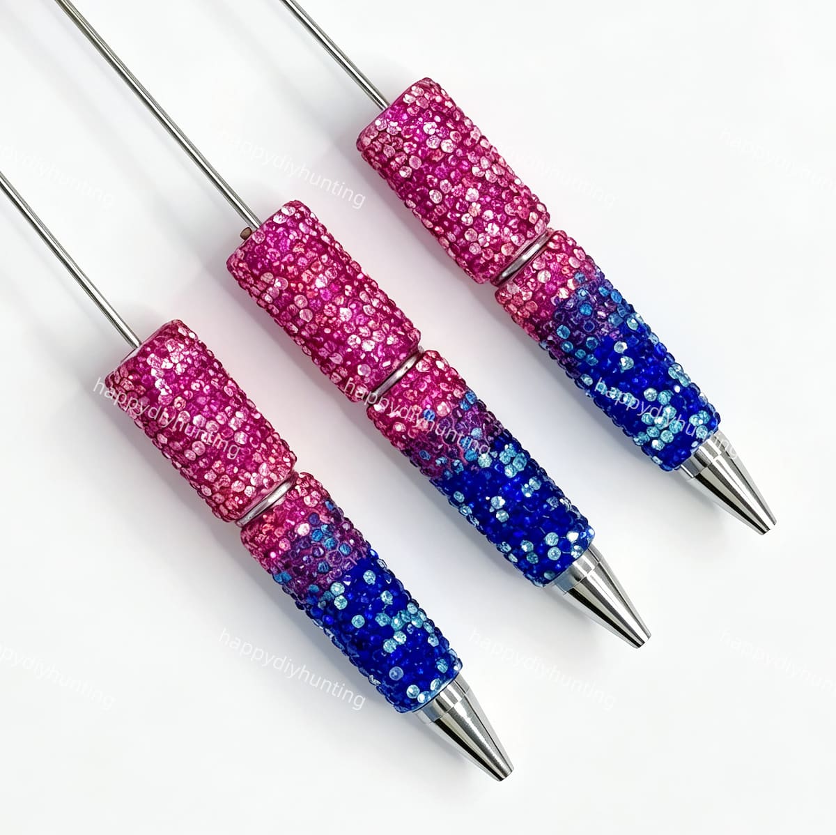 close-up gradient pink blue rhinestone beadable pen showing sparkling gradient design and beadable barrel