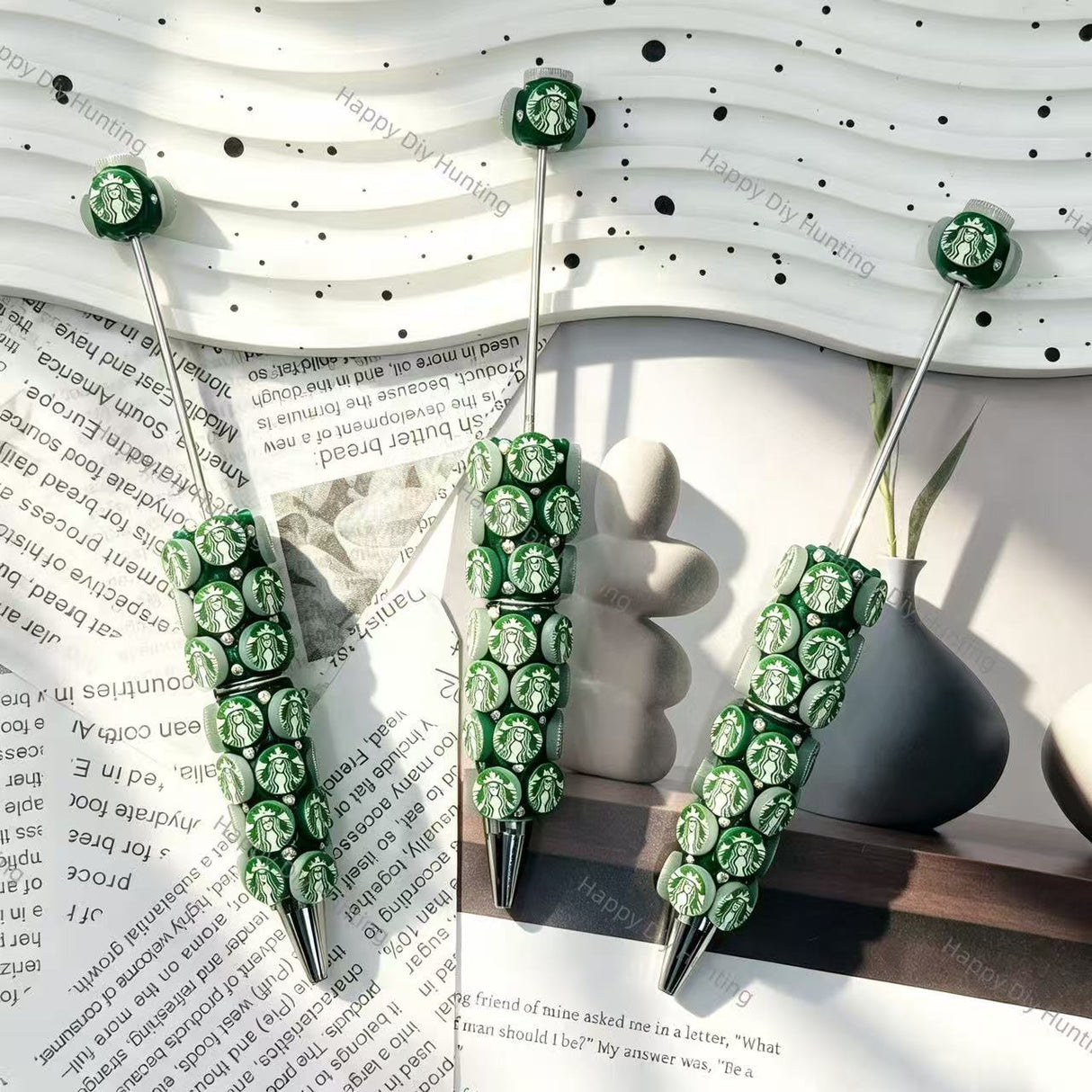 green coffee logo printed wholesale beadable pens compatible with all focal beads and pen toppers for diy writing craft
