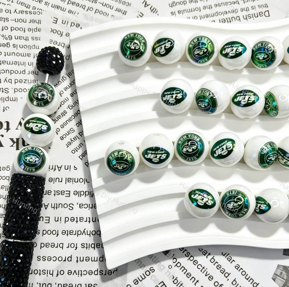 Green White NYJ Football Print Round Acrylic Beads for beadable pen DIY craft projects