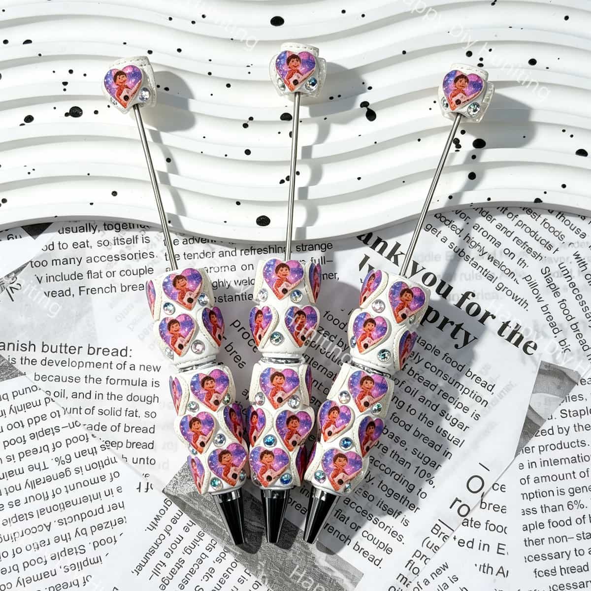 heart pu cartoon girl character beadable pens, heart pu patches with rhinestones for diy pen craft