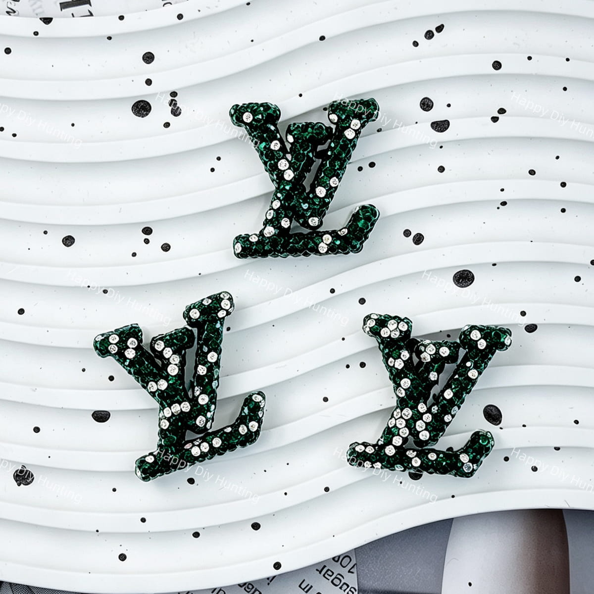 Dark green base with white crystal rhinestone LV decorative charm for handmade jewelry and resin projects