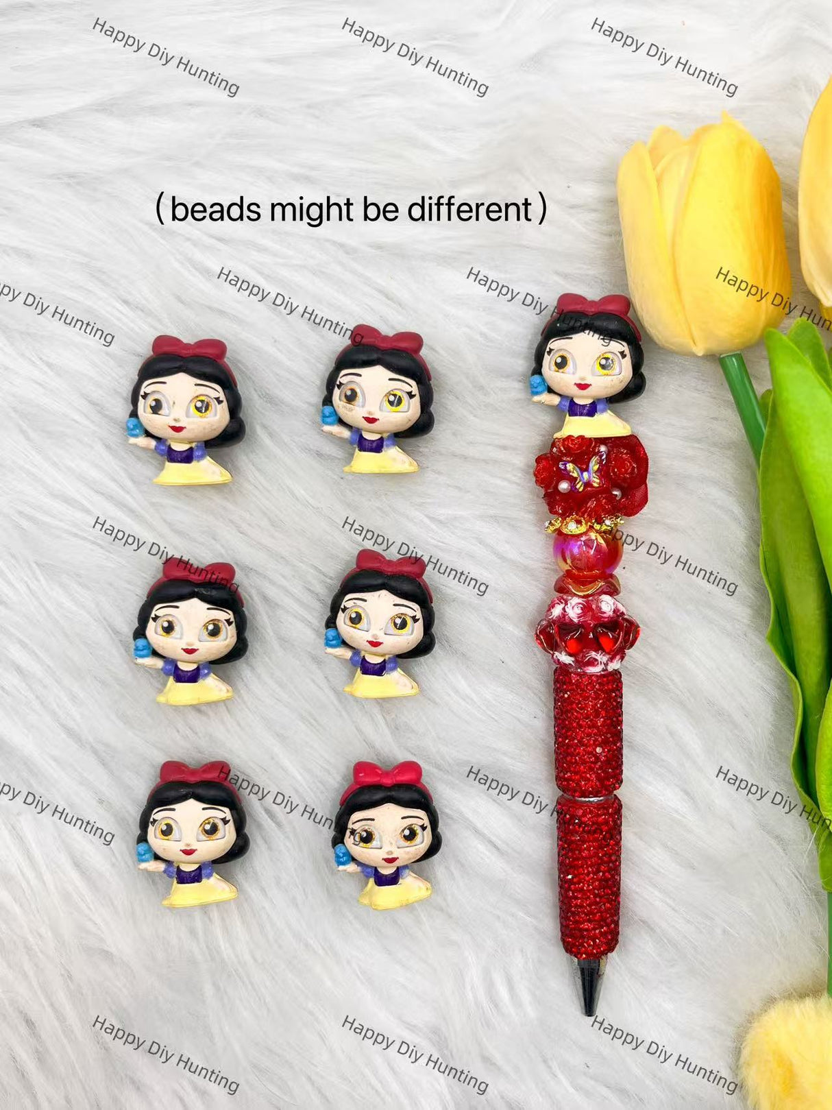 Mini blue dress girl pen toppers paired with assorted craft beads to decorate blank beadable pens and handmade craft items - happy diy hunting