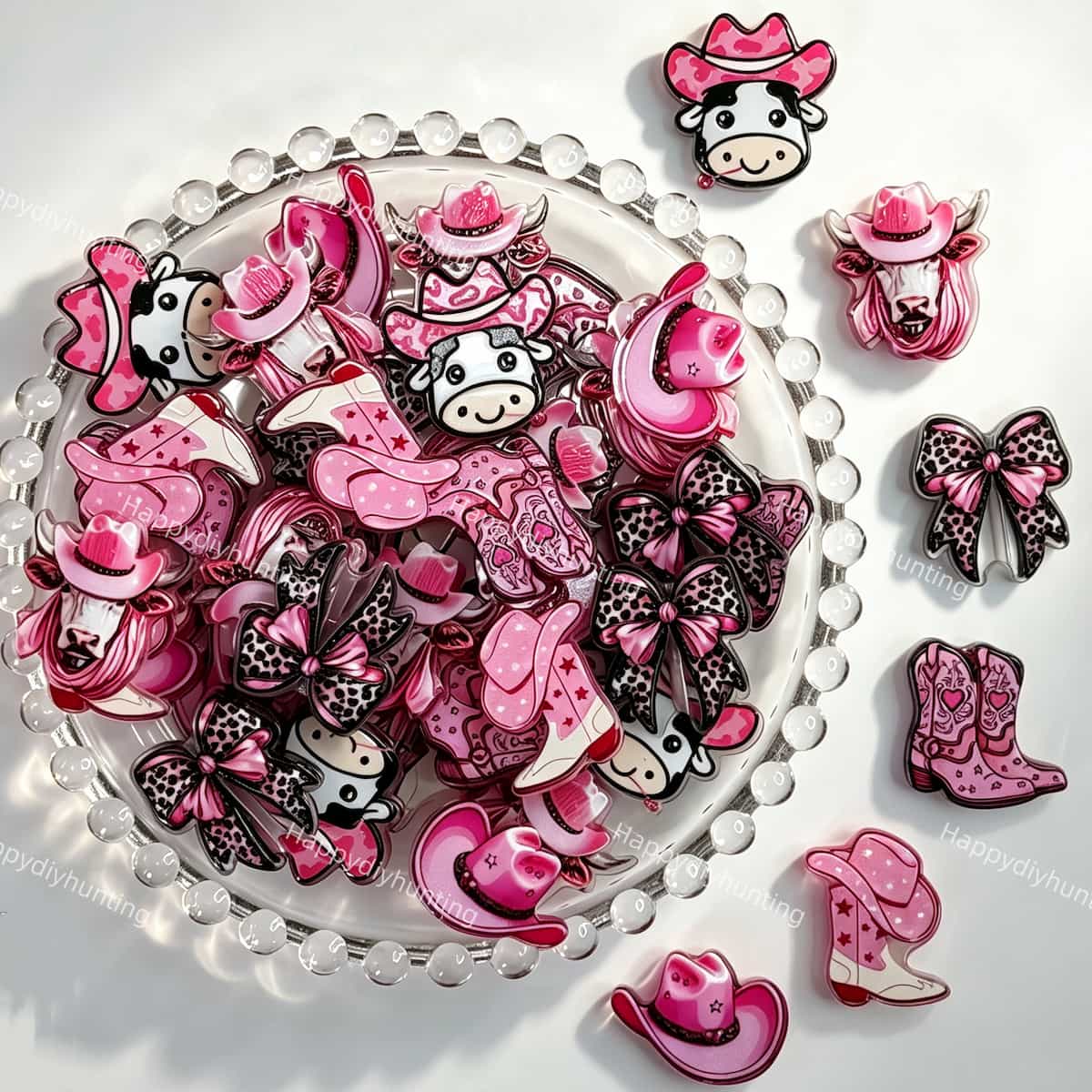pink western cowboy acrylic focal beads with boots, cowboy hat and leopard bow for DIY beadable pens and jewelry crafts