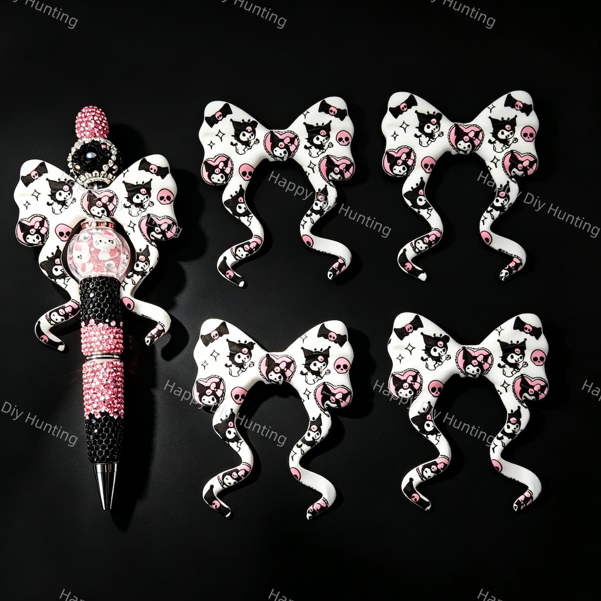 Pink‑black gothic‑cartoon print bow silicone focal beads, curly ribbon bow large‑hole beads for beadable pen DIY craft projects