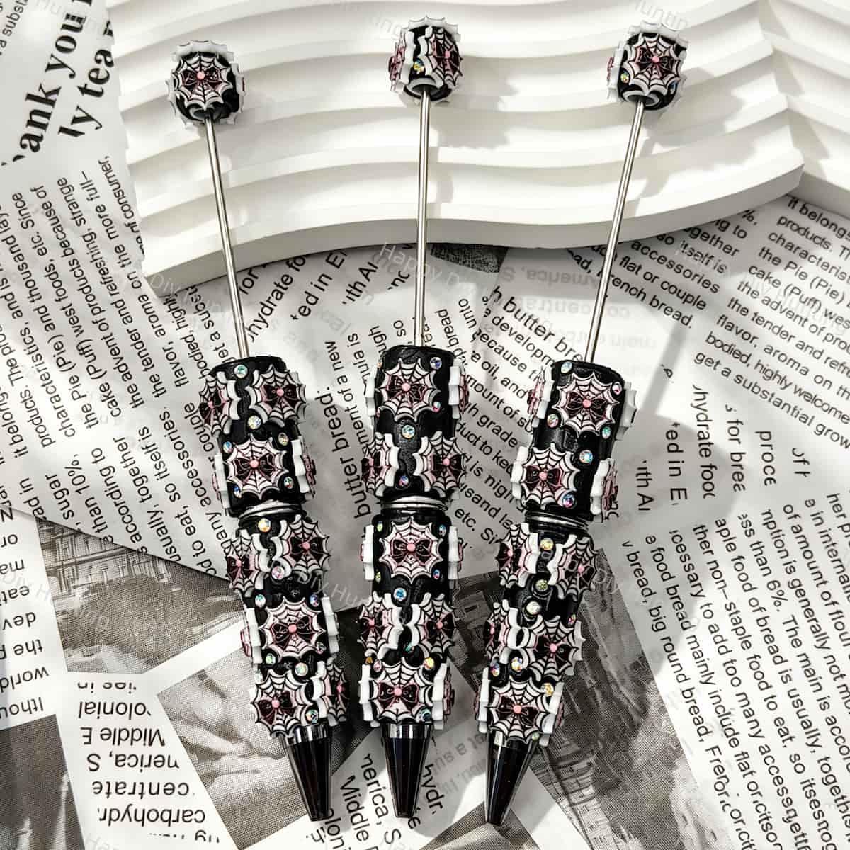 Pink bow spiderweb halloween beadable pens, gothic printed pen bases with bow and rhinestone accents for DIY custom pen craft projects