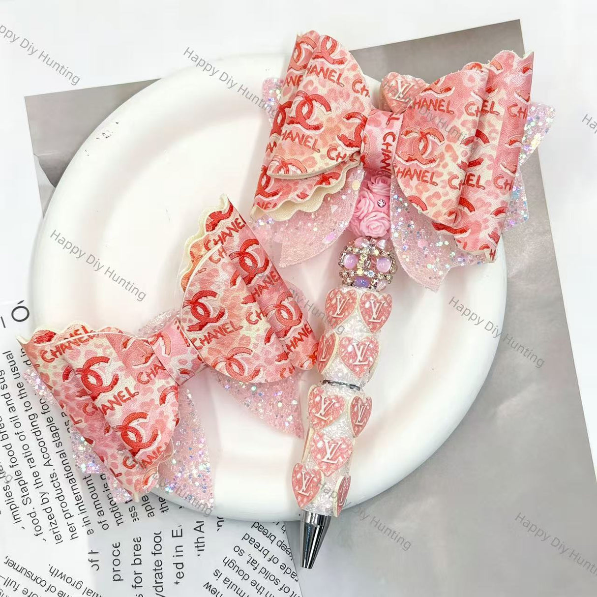 Pink printed CC graphic decor bow beads with glitter tulle, DIY craft supplies for beadable pens and keychains