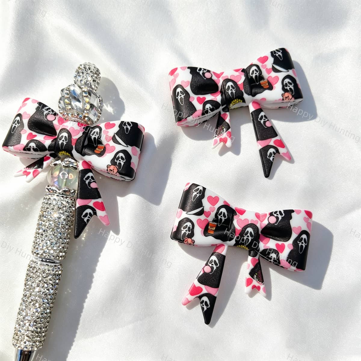 Pink‑heart spooky‑mask print silicone focal bow beads for beadable pen DIY craft projects