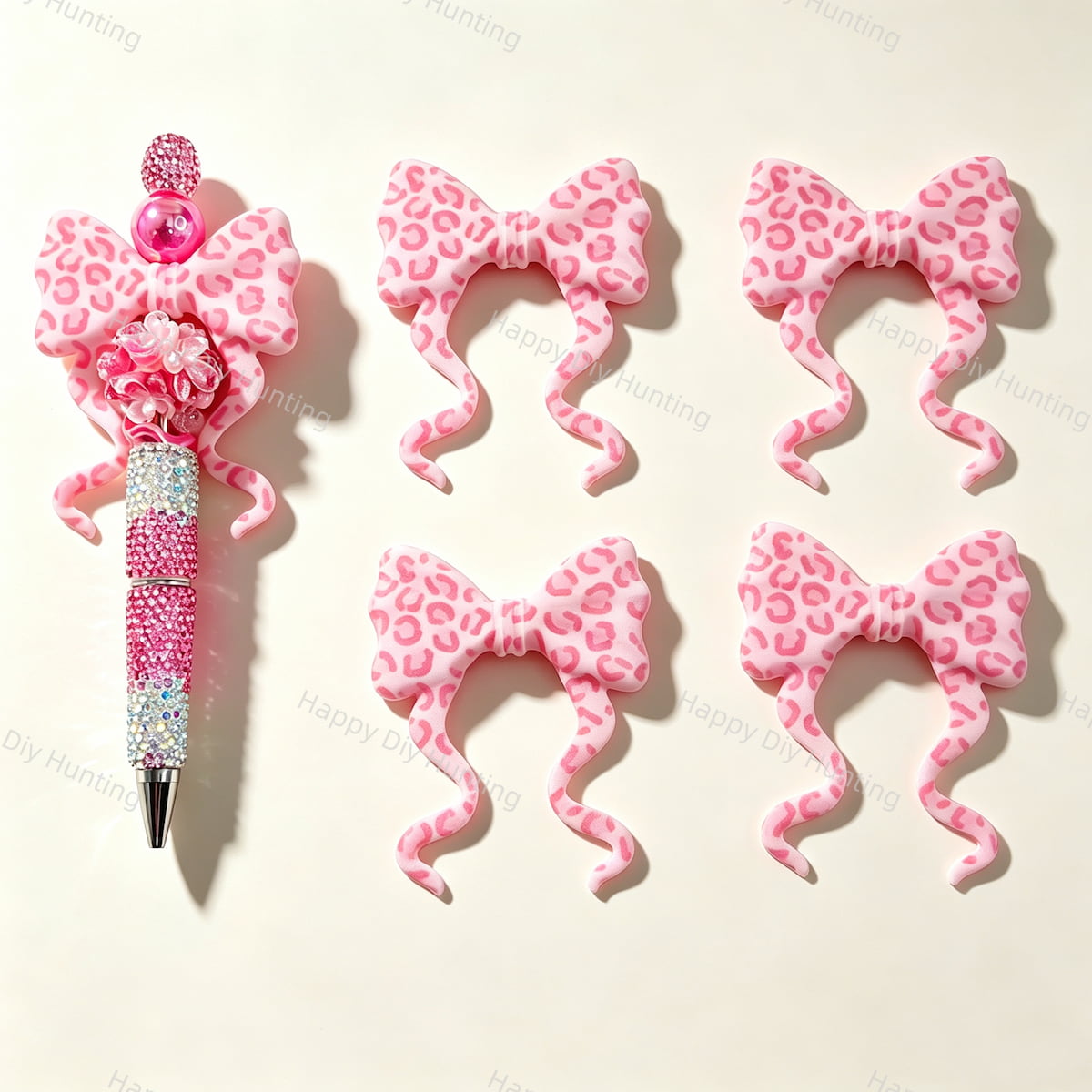 Pink‑leopard print bow silicone focal beads, curly ribbon bow large‑hole beads for beadable pen DIY craft projects
