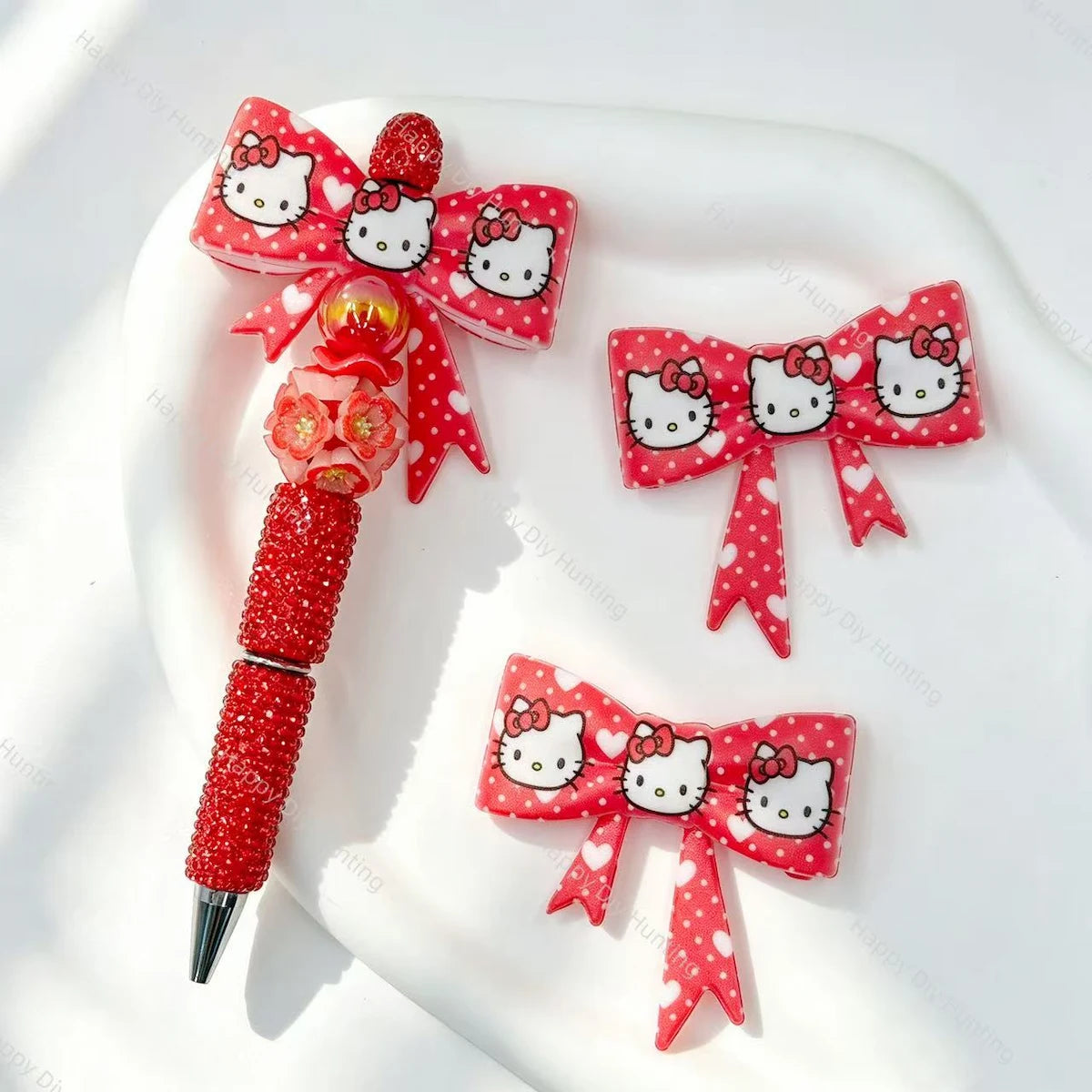 Red polka dot cat print bow silicone focal beads for DIY beadable pens