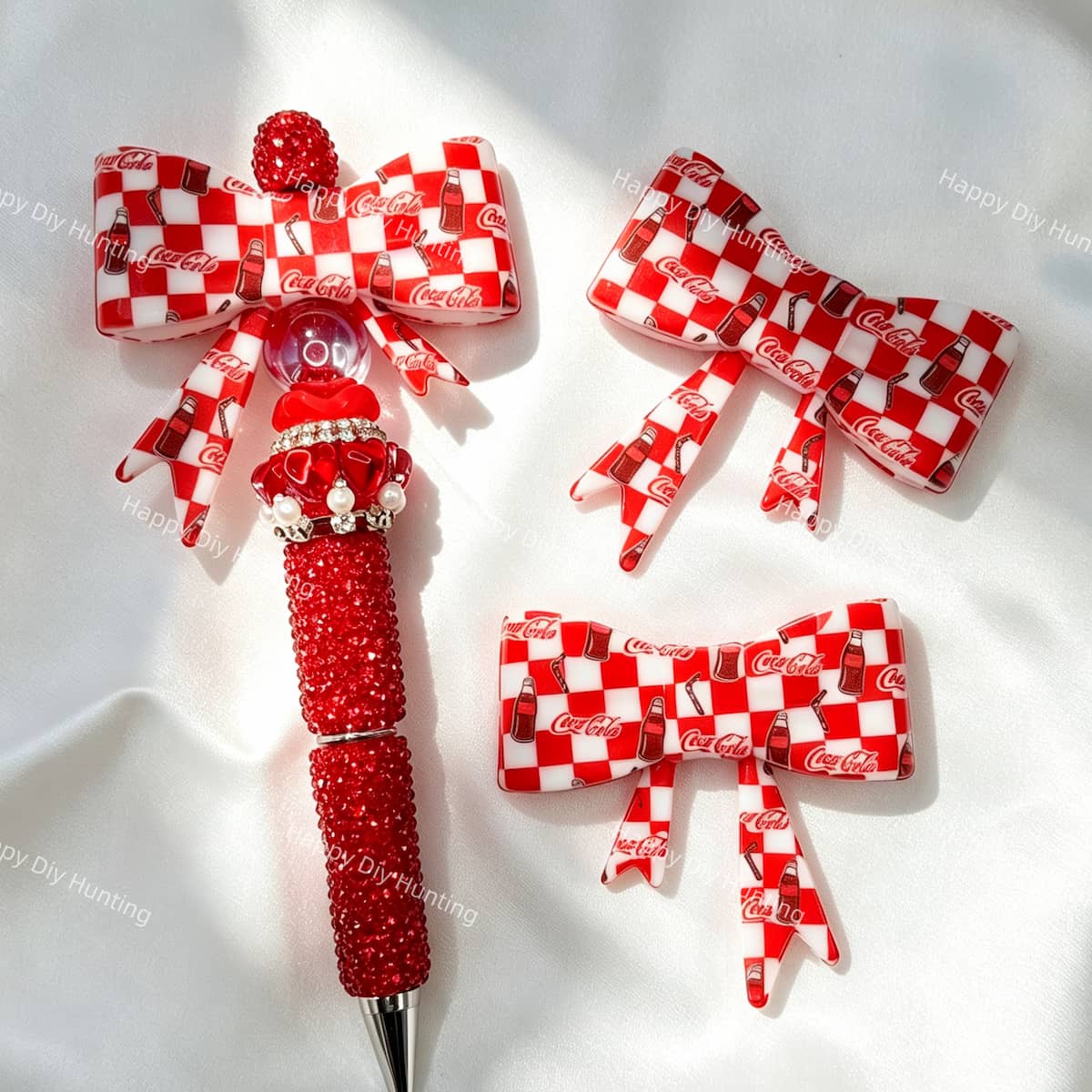 red white checkered drink bottle bow silicone focal beads for DIY pens and fun handmade crafts