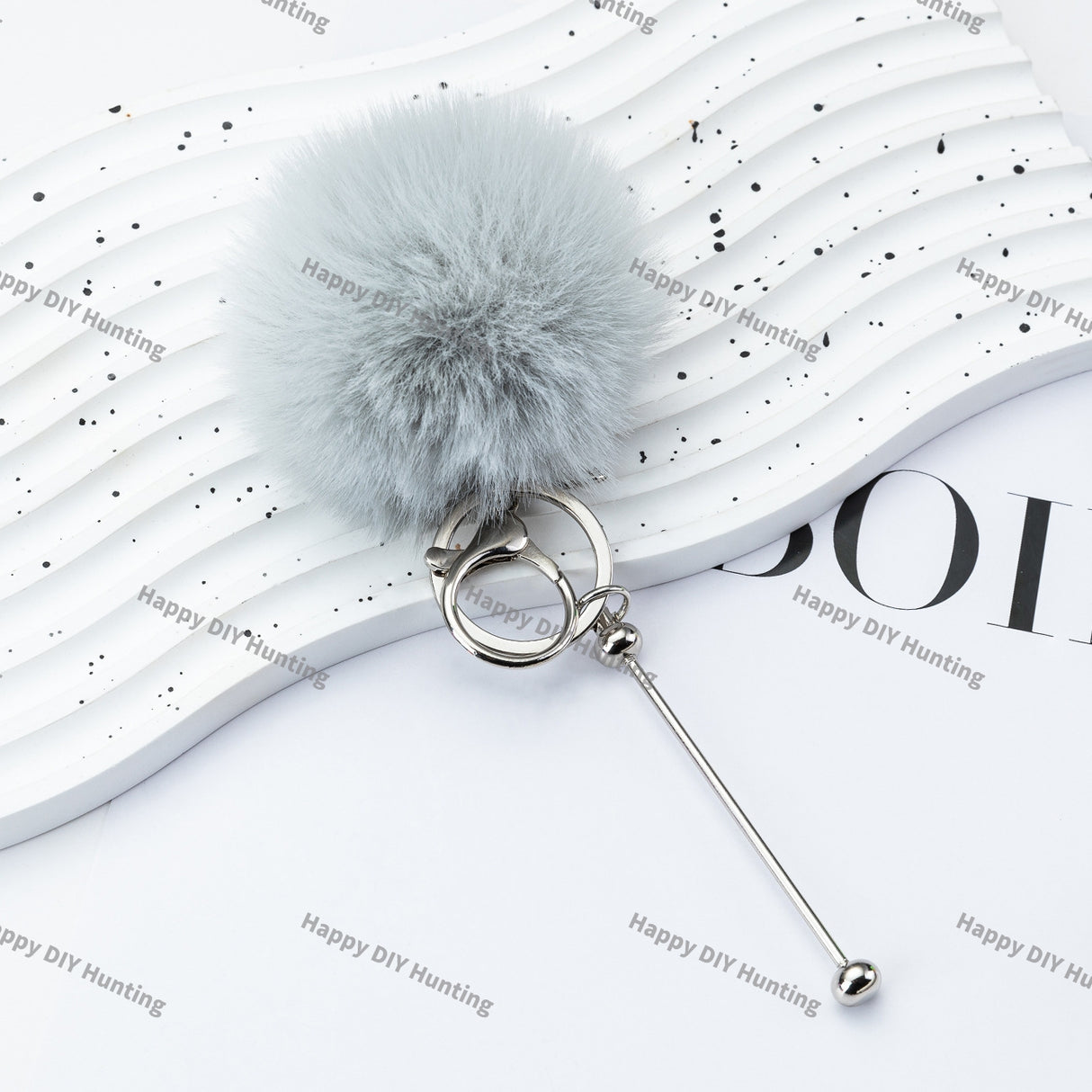 8CM Fluffy Pom Pom Balls with Metal Beadable Keychain with Bar and Lobster Clasp