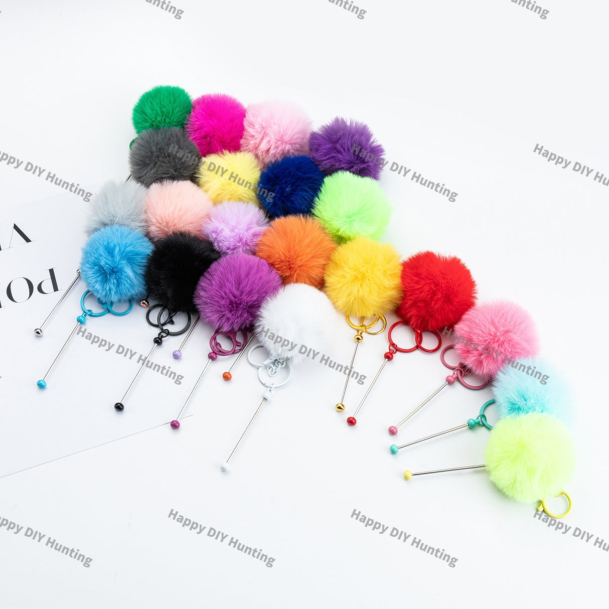 8CM Fluffy Pom Pom Balls with Metal Beadable Keychain with Bar and Lobster Clasp
