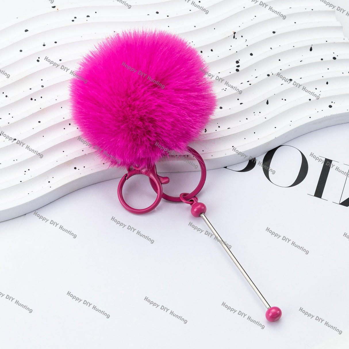 8CM Fluffy Pom Pom Balls with Metal Beadable Keychain with Bar and Lobster Clasp