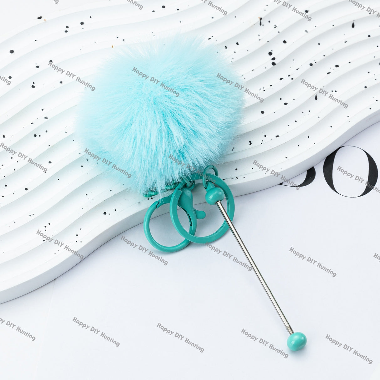 8CM Fluffy Pom Pom Balls with Metal Beadable Keychain with Bar and Lobster Clasp