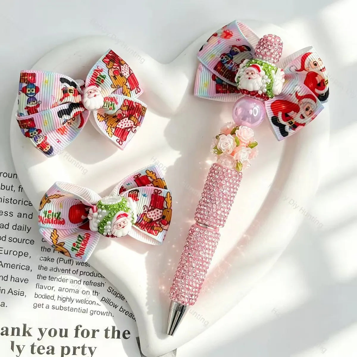 cute santa cartoon printed ribbon bow fancy beads for diy beadable pens craft supplies