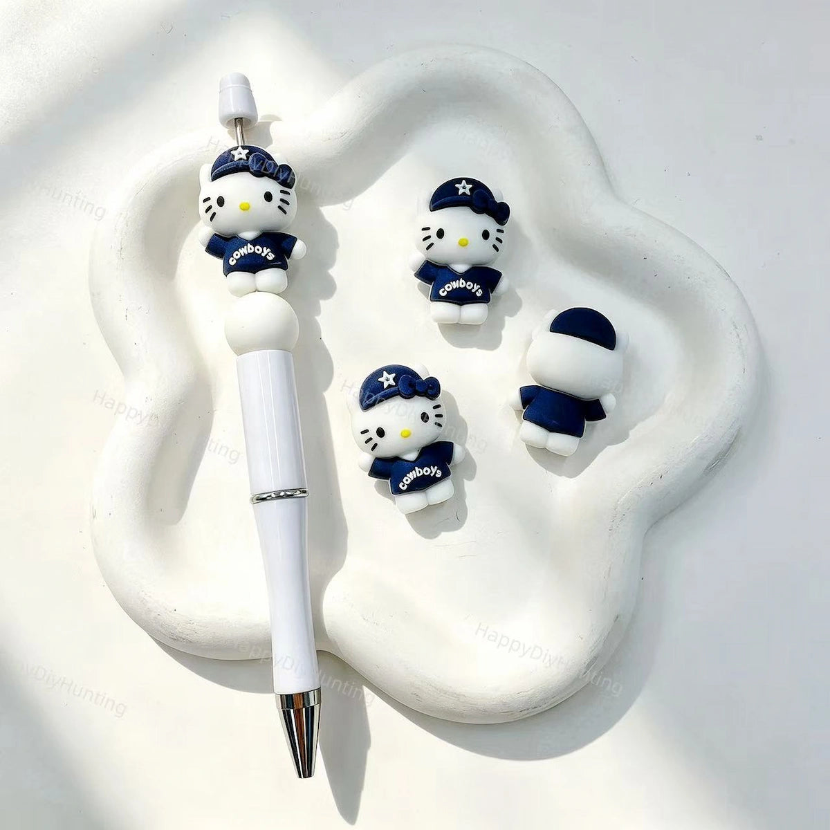 Sporty outfit cartoon cat silicone focal bead, navy team jersey style, for DIY beadable pens