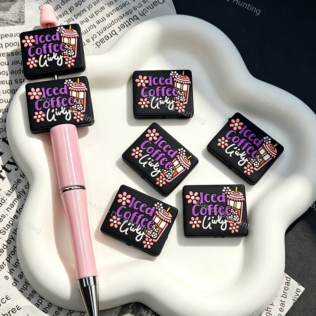 Square iced‑coffee floral silicone focal beads, black square silicone beads printed with coffee cup and flower graphics for beadable pens and pen toppers DIY craft projects