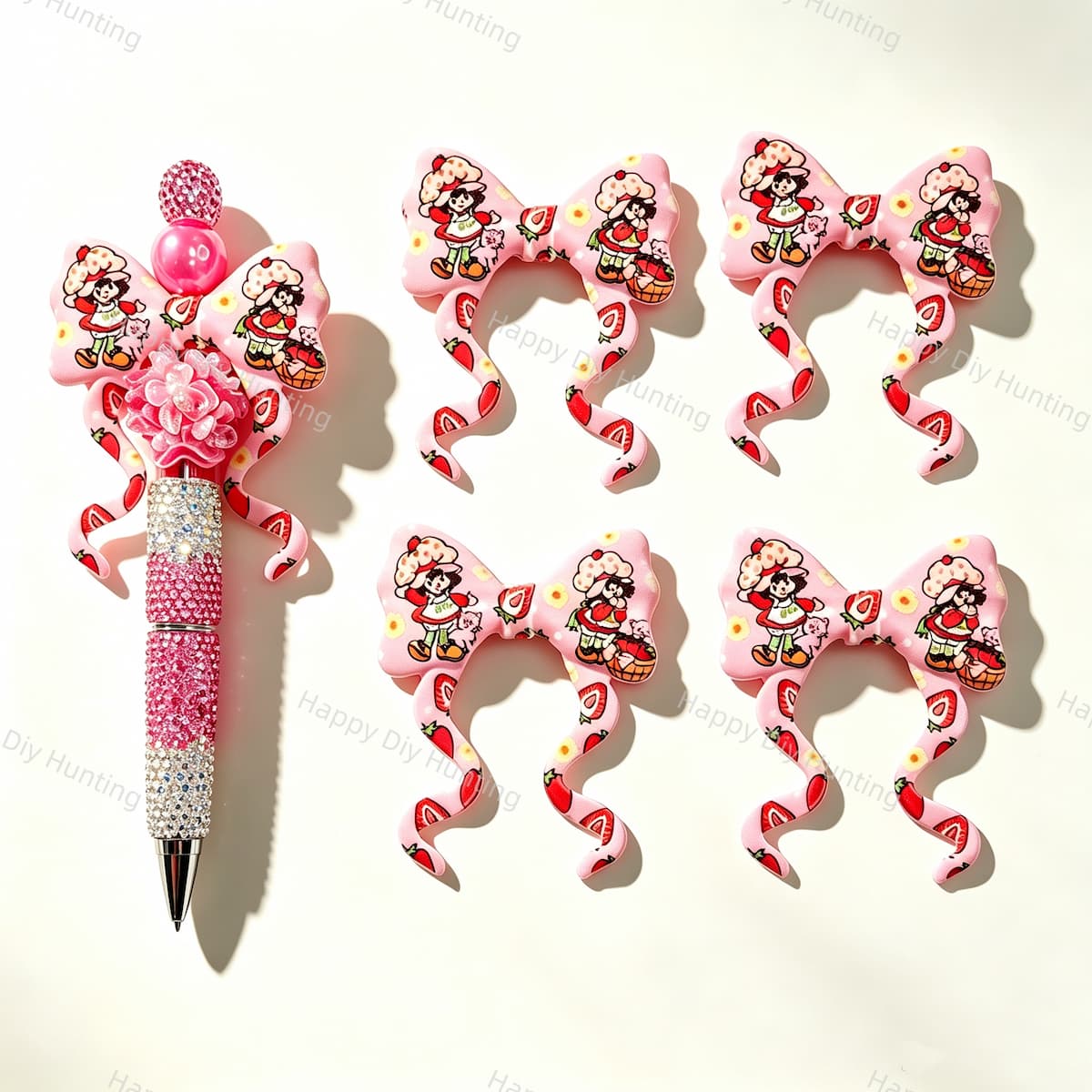 Strawberry‑cartoon print bow silicone focal beads, curly ribbon bow large‑hole beads for beadable pen DIY craft projects