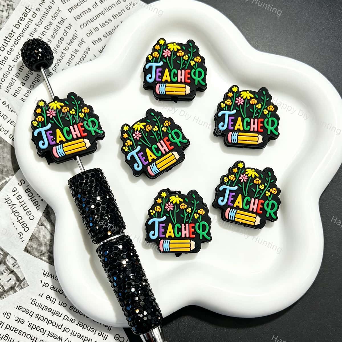 Teacher Floral Pencil Silicone Focal Beads with colorful letter and flower print for bead pen DIY craft