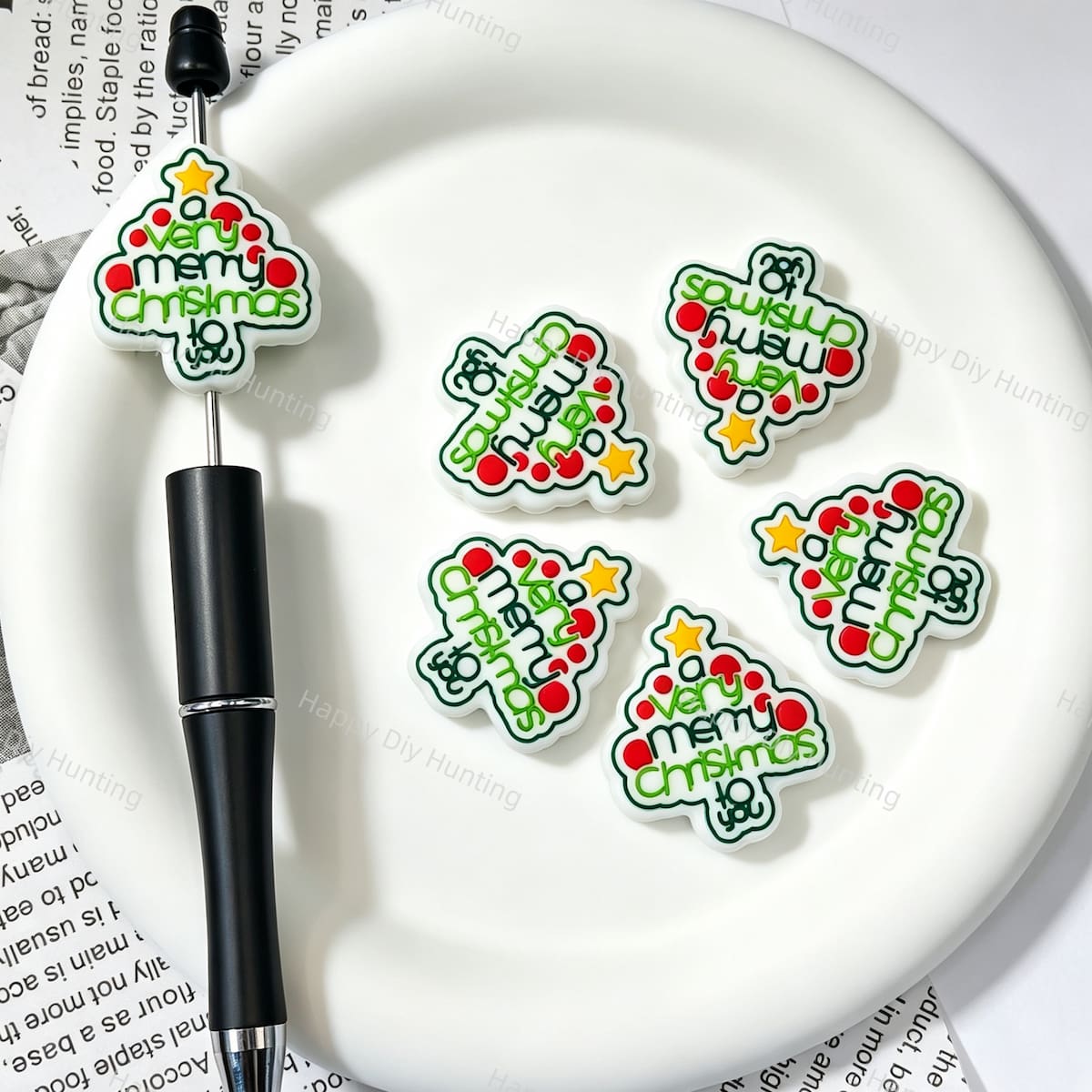 "Very Merry Christmas" christmas tree printed silicone focal beads, festive holiday craft beads for beadable pen DIY supplies