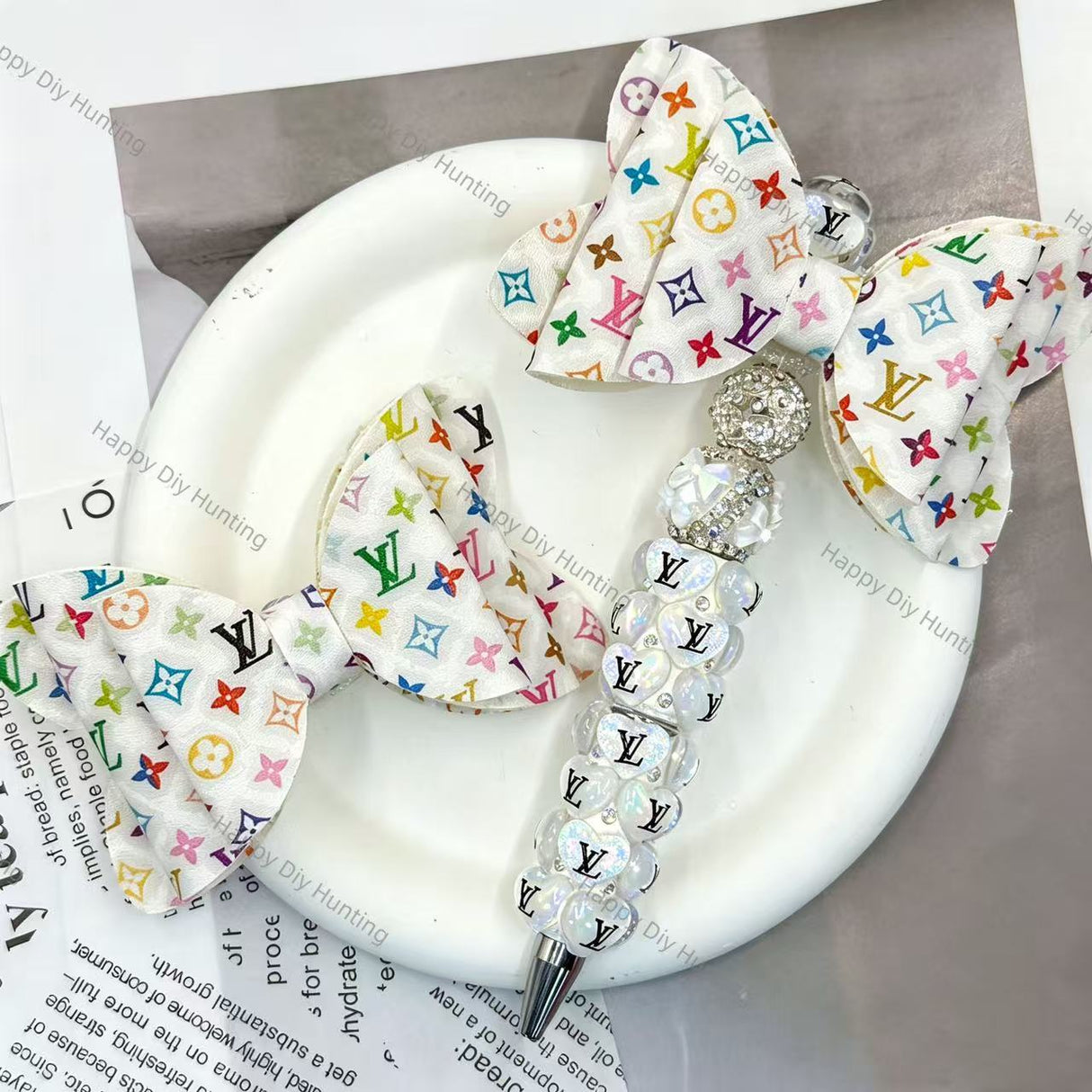 White multicolor printed V*L graphic decor bow beads, DIY craft supplies for beadable pens and keychains