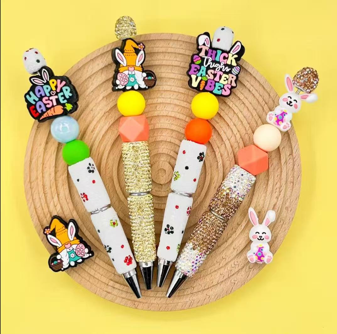 Wholesale Easter-themed beaded pens with silicone focal beads, bunny and gnome charms, colorful craft pen blanks for DIY pen making