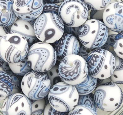 What are printed round silicone beads made of?