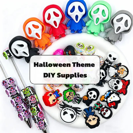 Halloween all-in-one DIY craft supplies bundle with silicone focal beads, pen toppers, beadable pens and fancy holiday beads for handmade pen and spooky jewelry making