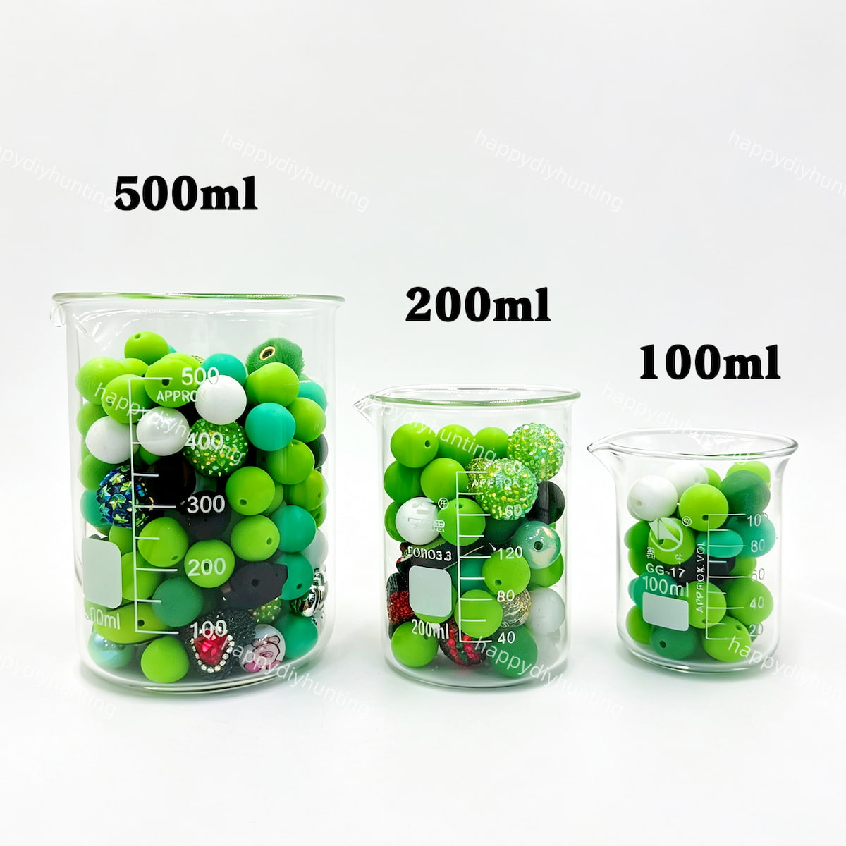 100ml 200ml 500ml Christmas Green Silicone & Acrylic bead mix volume comparison, silicone acrylic mixed holiday beads for diy craft