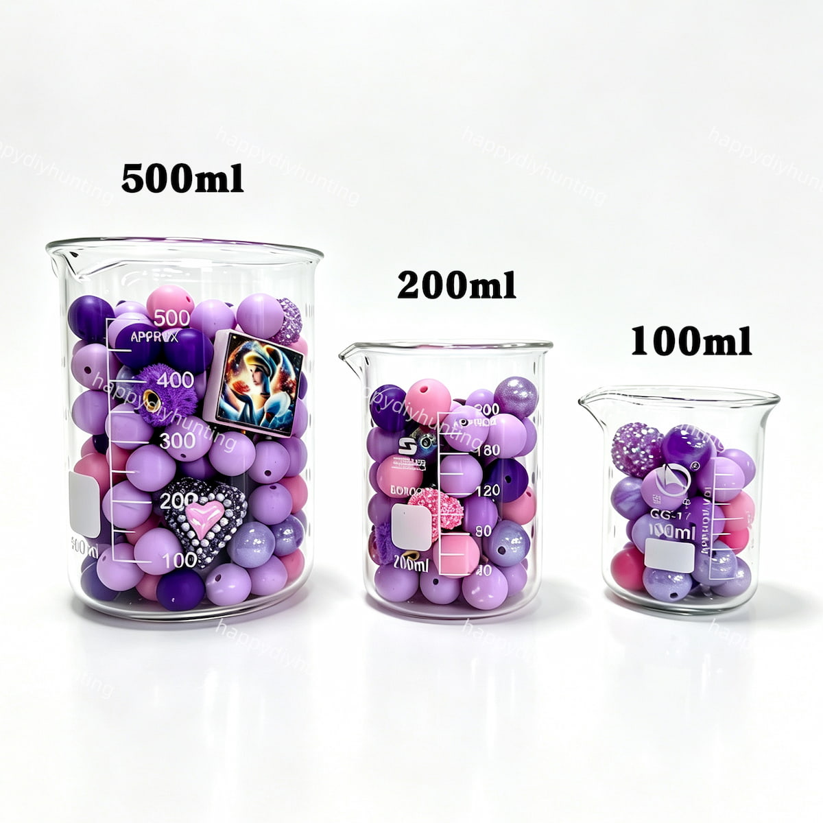 100ml 200ml 500ml dreamy purple Silicone & Acrylic bead mix volume comparison, silicone acrylic mixed beads for craft