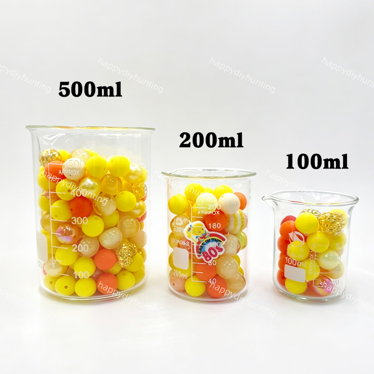 100ml 200ml 500ml sunshine bright Silicone & Acrylic bead mix volume comparison, silicone acrylic mixed beads for craft