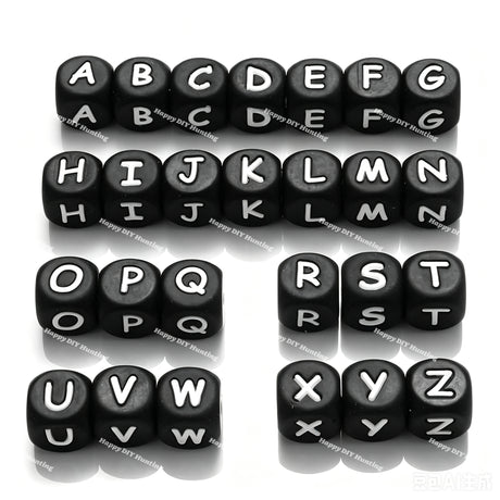 12mm Black silicone alphabet cube beads full A-Z food grade silicone letter beads