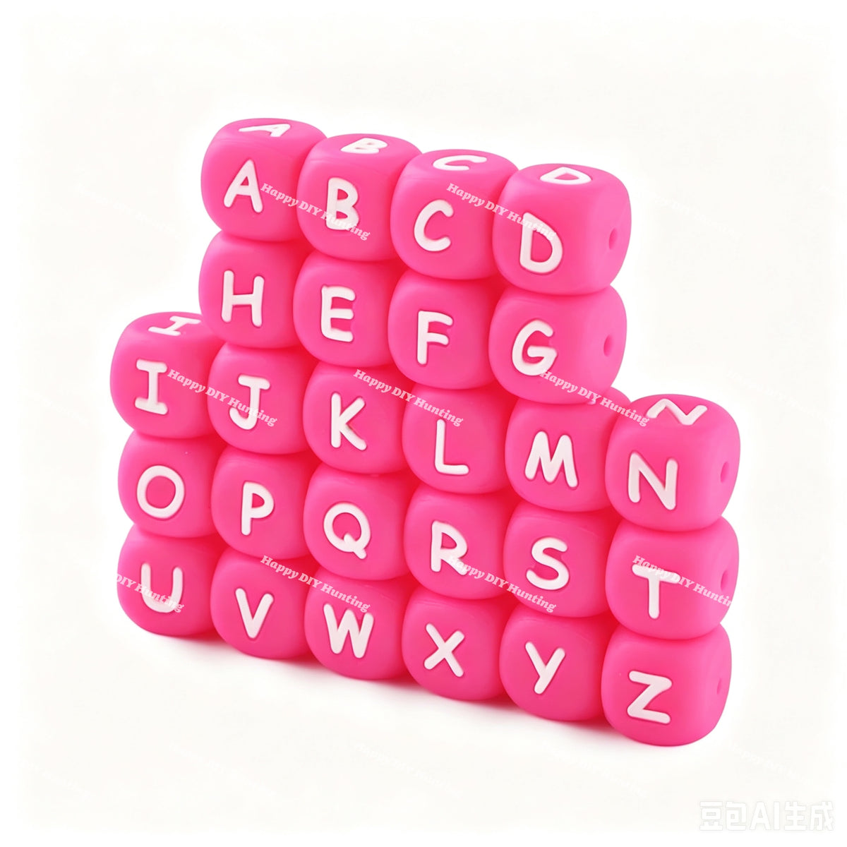 12mm Hot Pink silicone alphabet cube beads full A-Z food grade silicone letter beads