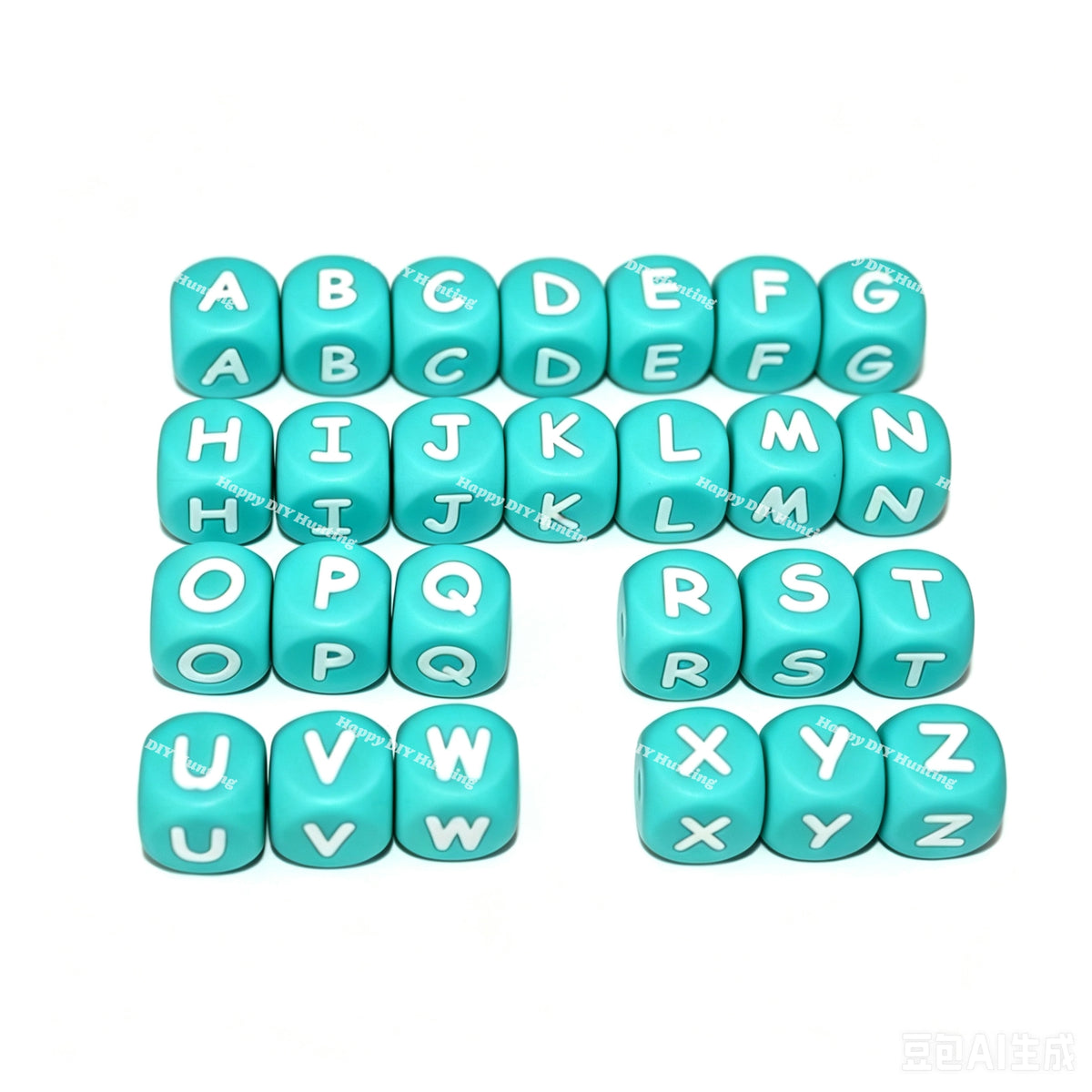 12mm Teal silicone alphabet cube beads full A-Z food grade silicone letter beads