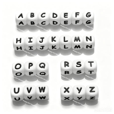 12mm White silicone alphabet cube beads full A-Z food grade silicone letter beads