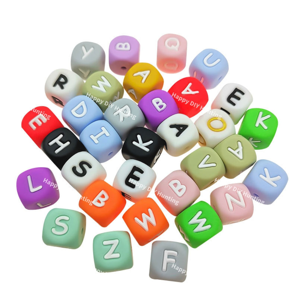 12mm multi color silicone alphabet cube beads full A-Z food grade silicone letter beads