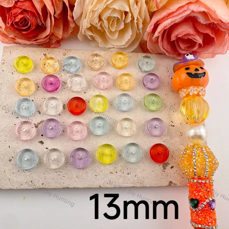 13mm multi-color transparent flat disc resin spacer beads, small through hole design for layering DIY beadable pens, bag charms and handmade jewelry craft accessories.